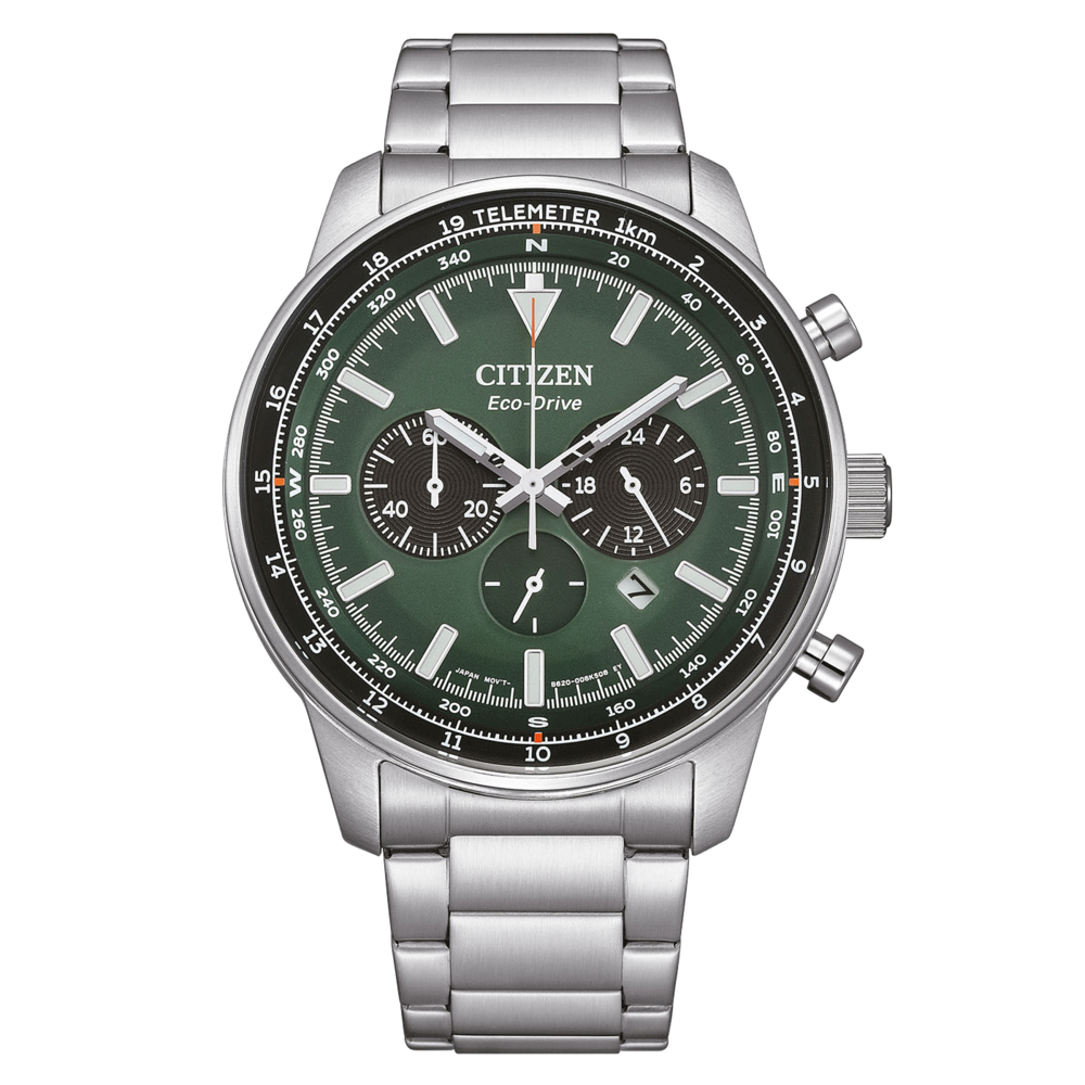 Citizen Eco-Drive -kello vihreällä kellotaululla ja kronografitoiminnoilla, ruostumattomasta teräksestä valmistettu ranneke.